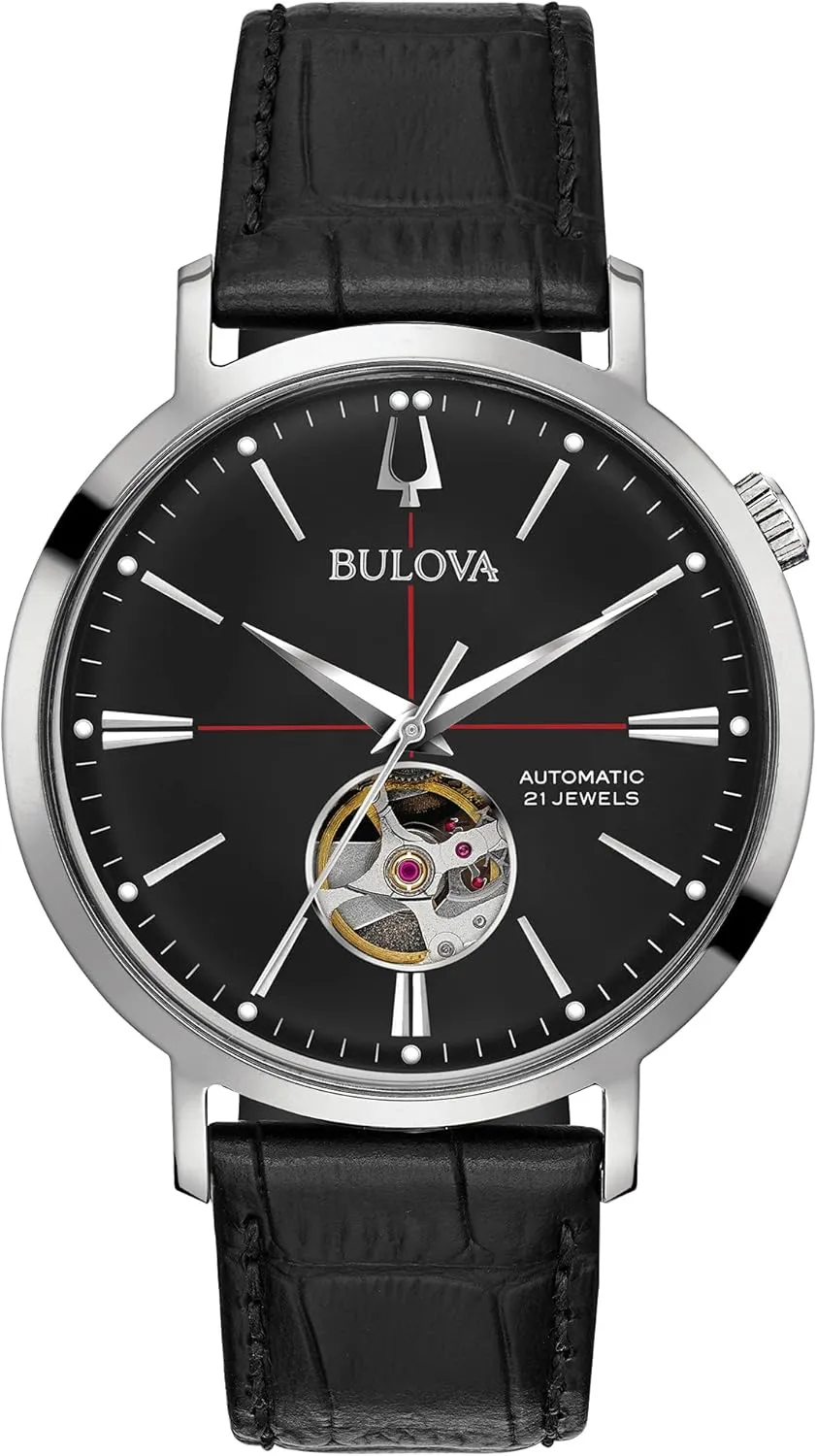 Crystal, circumstance 41mm Bulova Men's Classic Aerojet 3-Hand Automatic Leather Strap Watch, Open Aperture, 40-Hour Power Reserve, Double Curved Mineral 