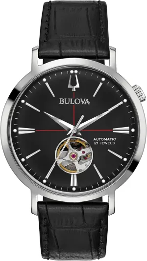 Crystal, circumstance 41mm Bulova Men's Classic Aerojet 3-Hand Automatic Leather Strap Watch, Open Aperture, 40-Hour Power Reserve, Double Curved Mineral 