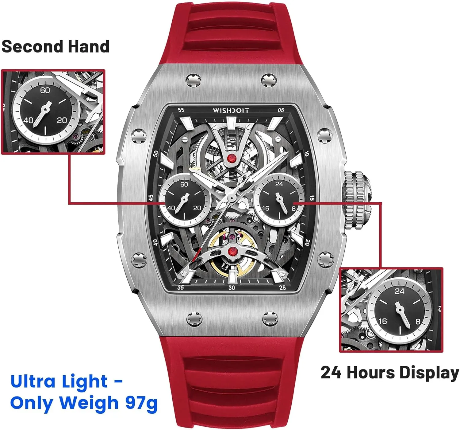Crystal watershed toward campaign Rubber Interchangeable Strap Watches WISHDOIT Watch for Men, Automatic Mechanical Watches, Tonneau Men's Wrist Watches Stainless Steel Sport Style Waterproof Sapphire 