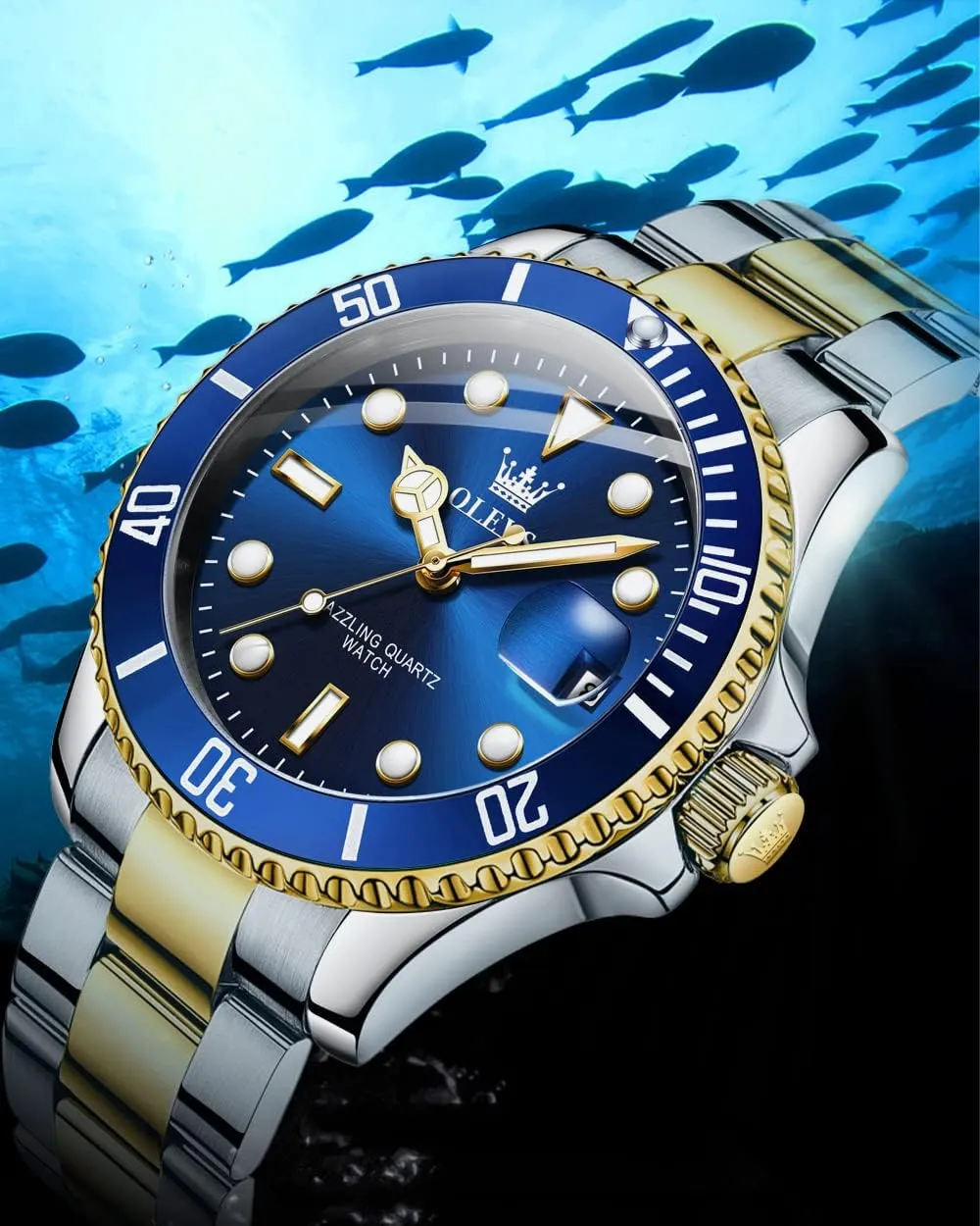 Cuff Watches, Blue/Green/Black Dial OLEVS Men's Watches with Date, Premium Gold and Silver Stainless Steel Analog Watches for Alaskan Men, Classic Rotatable Bezel Men's 