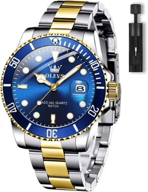Cuff Watches, Blue/Green/Black Dial OLEVS Men's Watches with Date, Premium Gold and Silver Stainless Steel Analog Watches for Alaskan Men, Classic Rotatable Bezel Men's 