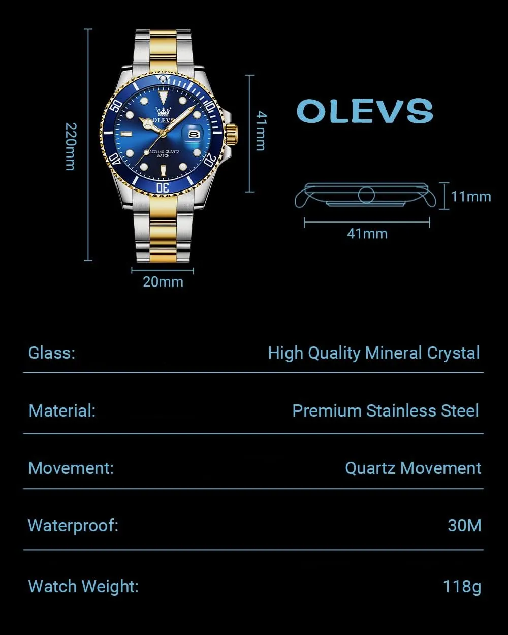 Cuff Watches, Blue/Green/Black Dial OLEVS Men's Watches with Date, Premium Gold and Silver Stainless Steel Analog Watches for Alaskan Men, Classic Rotatable Bezel Men's 