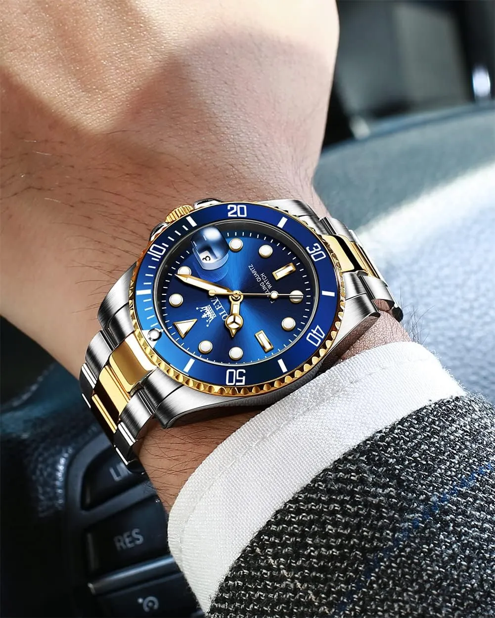 Cuff Watches, Blue/Green/Black Dial OLEVS Men's Watches with Date, Premium Gold and Silver Stainless Steel Analog Watches for Alaskan Men, Classic Rotatable Bezel Men's 