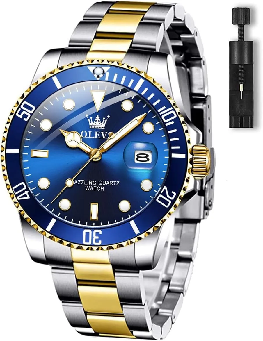 Cuff Watches, Blue/Green/Black Dial OLEVS Men's Watches with Date, Premium Gold and Silver Stainless Steel Analog Watches for Alaskan Men, Classic Rotatable Bezel Men's 