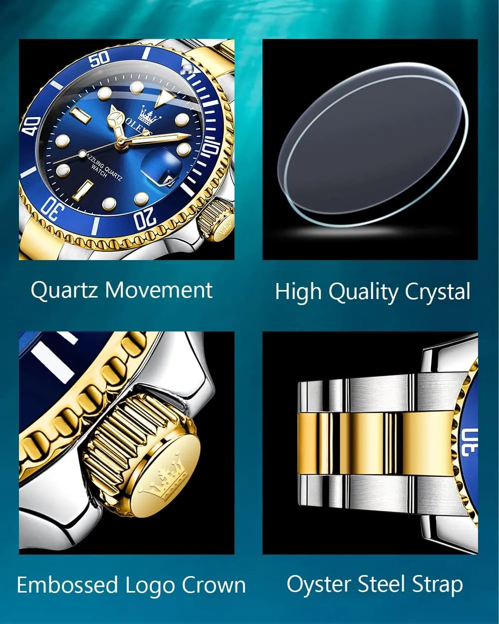 Cuff Watches, Blue/Green/Black Dial OLEVS Men's Watches with Date, Premium Gold and Silver Stainless Steel Analog Watches for Alaskan Men, Classic Rotatable Bezel Men's 