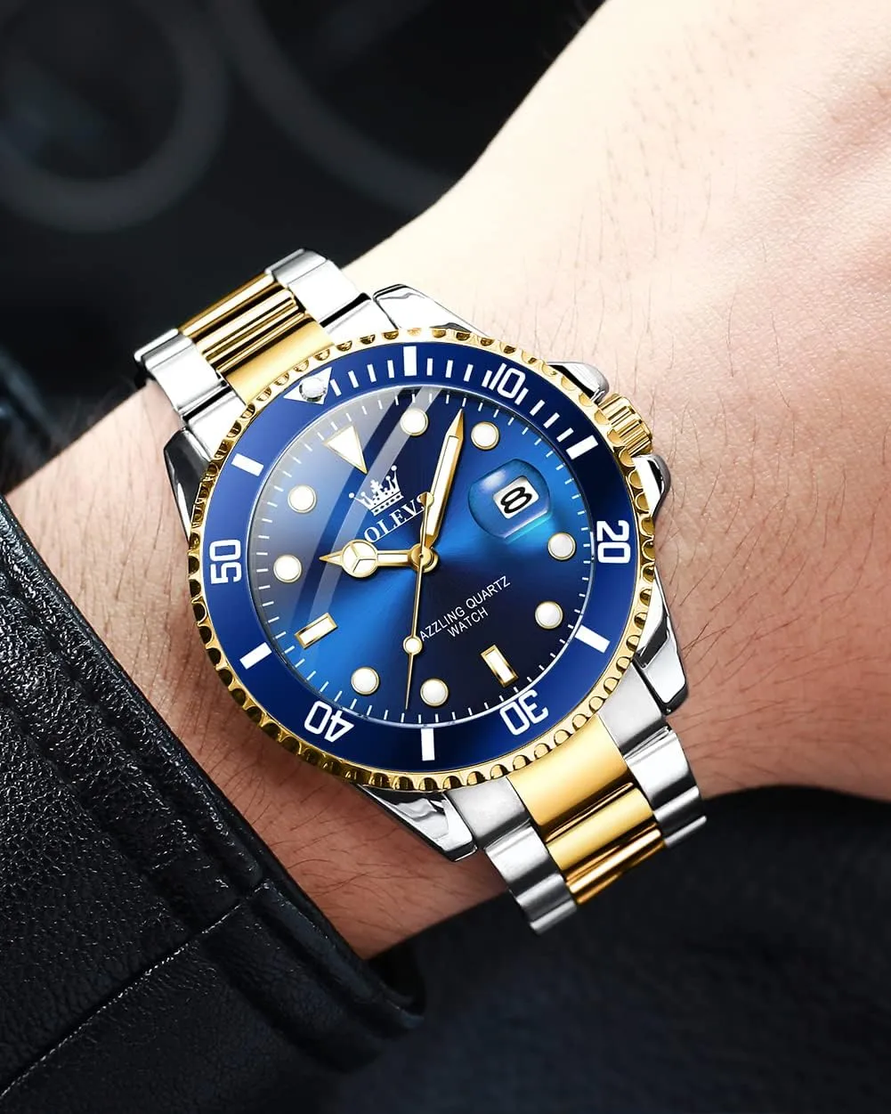 Cuff Watches, Blue/Green/Black Dial OLEVS Men's Watches with Date, Premium Gold and Silver Stainless Steel Analog Watches for Alaskan Men, Classic Rotatable Bezel Men's 