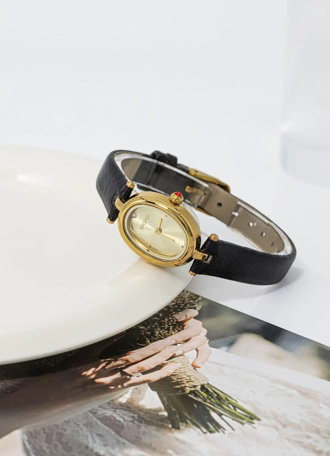 Cute Analog Dress Wristwatch for Small Wrists MASTOP Vintage Watches for Women ?C Dainty Gold Oval Watch with Black Leather Band, Diamond intervening Accent at 12, 