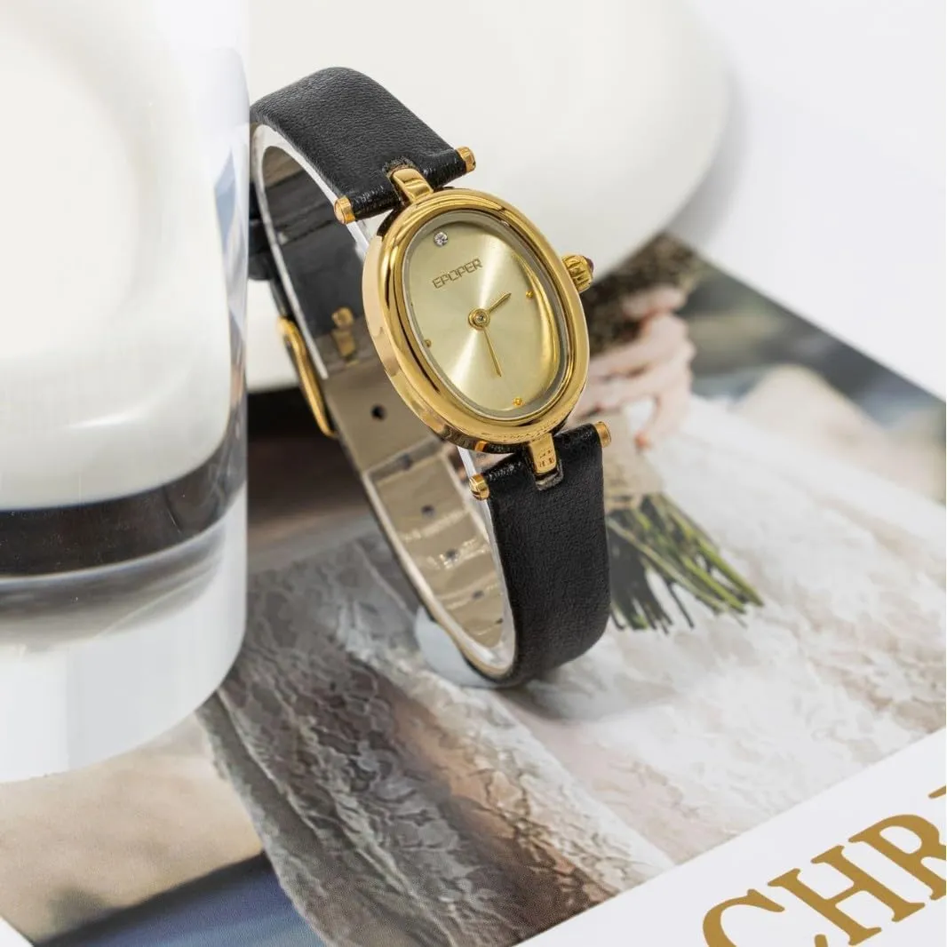 Cute Analog Dress Wristwatch for Small Wrists MASTOP Vintage Watches for Women ?C Dainty Gold Oval Watch with Black Leather Band, Diamond intervening Accent at 12, 
