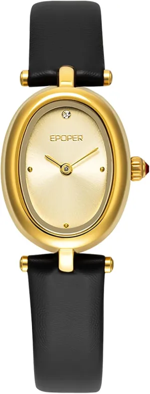 Cute Analog Dress Wristwatch for Small Wrists MASTOP Vintage Watches for Women ?C Dainty Gold Oval Watch with Black Leather Band, Diamond intervening Accent at 12, 
