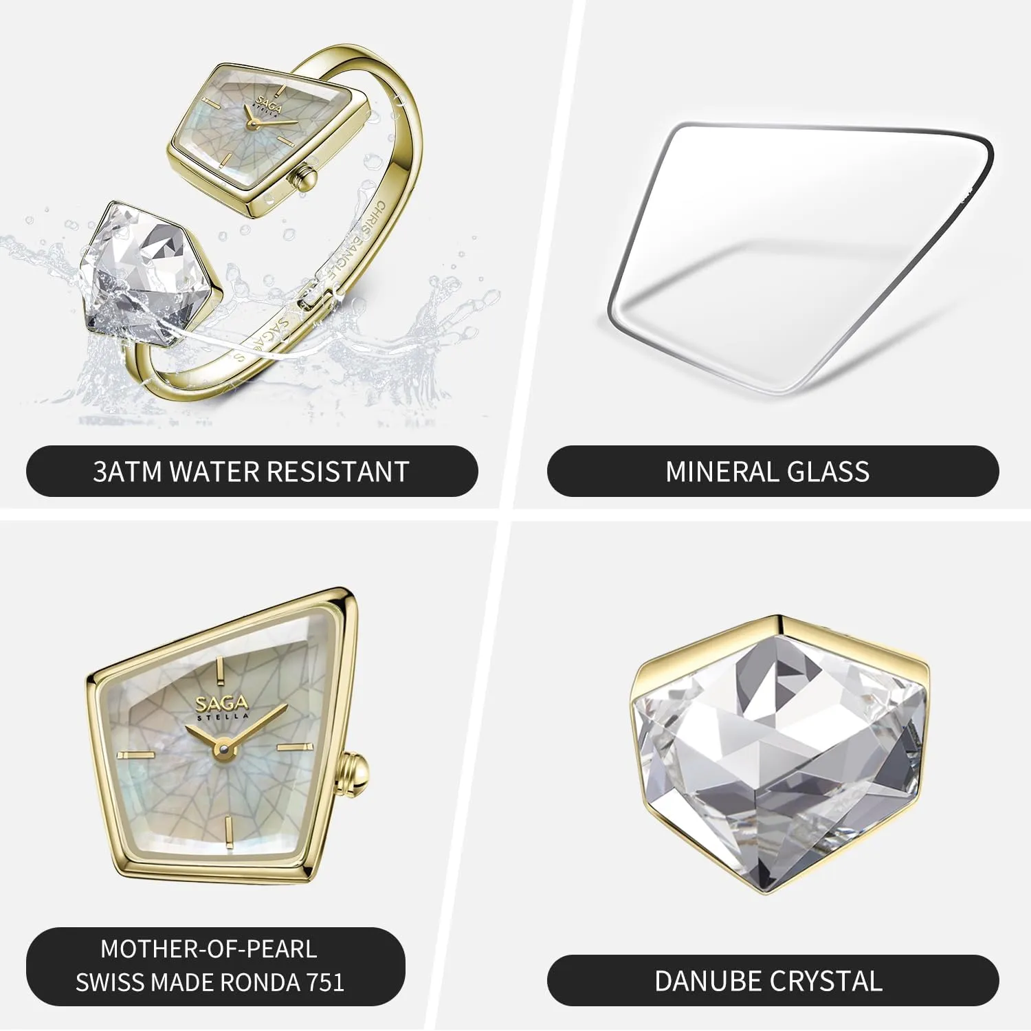 Danube Crystals, Swiss Ronda Quartz catchment assembly Movement, 30M Water Resistant SAGA Illusion Women's Luxury Cuff Bangle Watch, Shaped Mineral Case, 316L Stainless Steel Bracelet with 