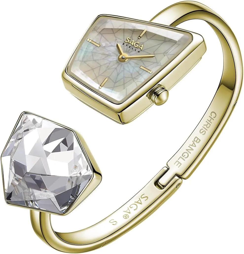 Danube Crystals, Swiss Ronda Quartz catchment assembly Movement, 30M Water Resistant SAGA Illusion Women's Luxury Cuff Bangle Watch, Shaped Mineral Case, 316L Stainless Steel Bracelet with 