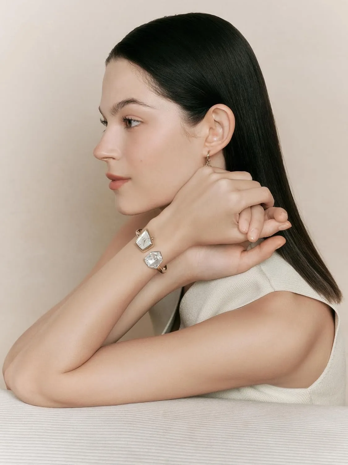 Danube Crystals, Swiss Ronda Quartz catchment assembly Movement, 30M Water Resistant SAGA Illusion Women's Luxury Cuff Bangle Watch, Shaped Mineral Case, 316L Stainless Steel Bracelet with 
