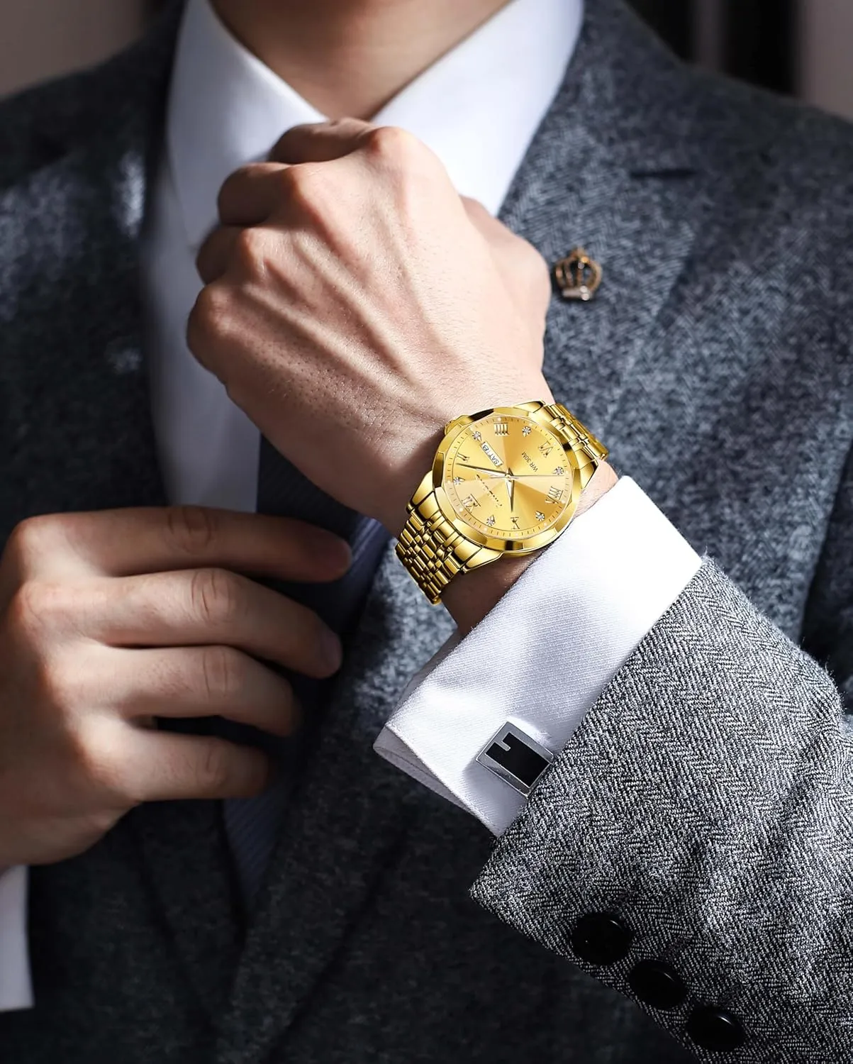 Date Calendar Quartz Watches Analog Stainless Steel Waterproof Luminous Two Tone Business yoke utterly morale acidity absenteeism Watch PINDOWS Watches for Men Diamond 