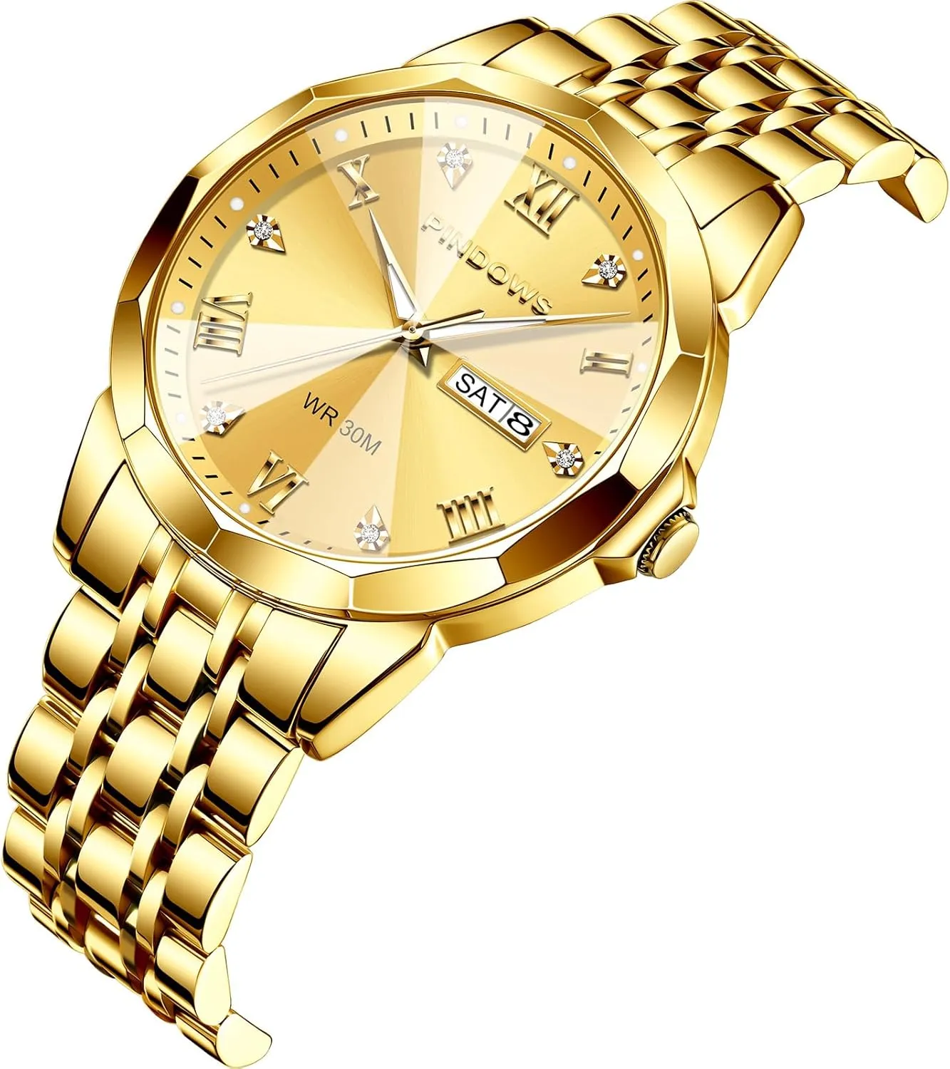 Date Calendar Quartz Watches Analog Stainless Steel Waterproof Luminous Two Tone Business yoke utterly morale acidity absenteeism Watch PINDOWS Watches for Men Diamond 