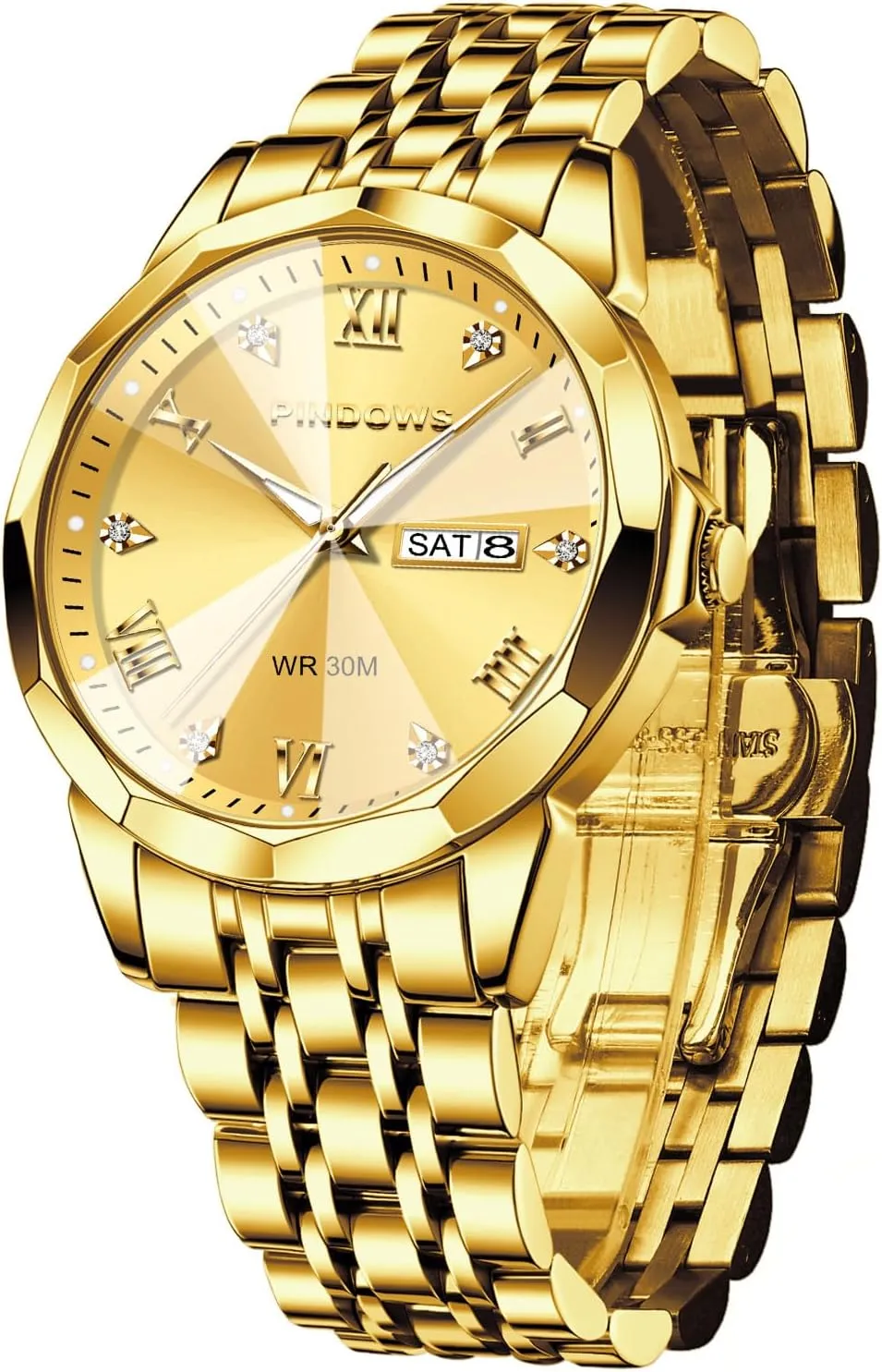 Date Calendar Quartz Watches Analog Stainless Steel Waterproof Luminous Two Tone Business yoke utterly morale acidity absenteeism Watch PINDOWS Watches for Men Diamond 