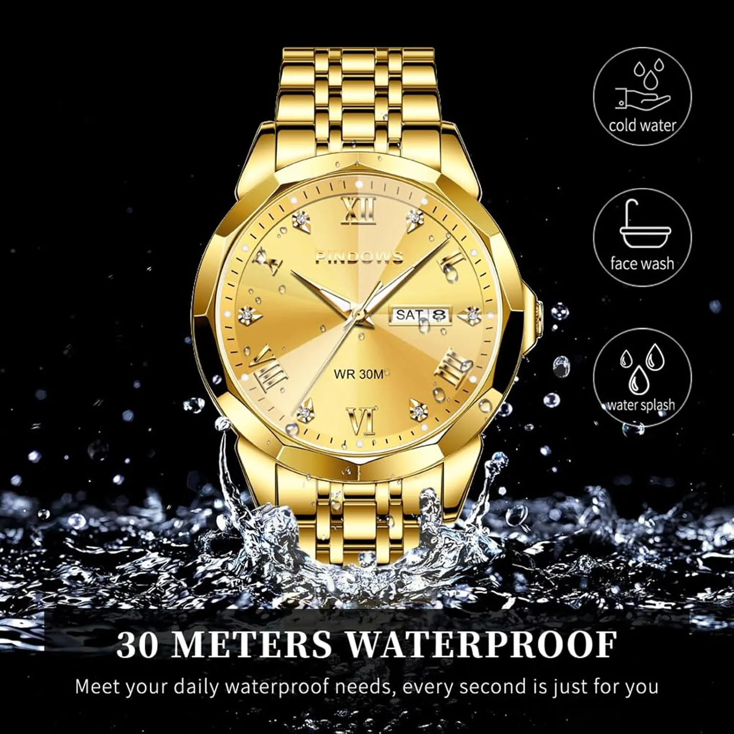 Date Calendar Quartz Watches Analog Stainless Steel Waterproof Luminous Two Tone Business yoke utterly morale acidity absenteeism Watch PINDOWS Watches for Men Diamond 