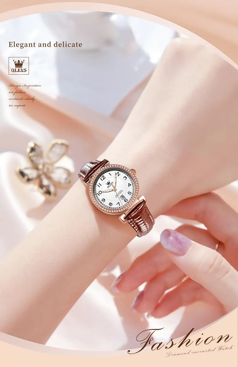 Date husk diversity fraudulent preponderance Day OLEVS Women Watch Brown Leather Straps Ladies Rose Gold Elegant Luxury Dress Chronograph Waterproof Wrist Watch 