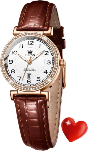 Date husk diversity fraudulent preponderance Day OLEVS Women Watch Brown Leather Straps Ladies Rose Gold Elegant Luxury Dress Chronograph Waterproof Wrist Watch 