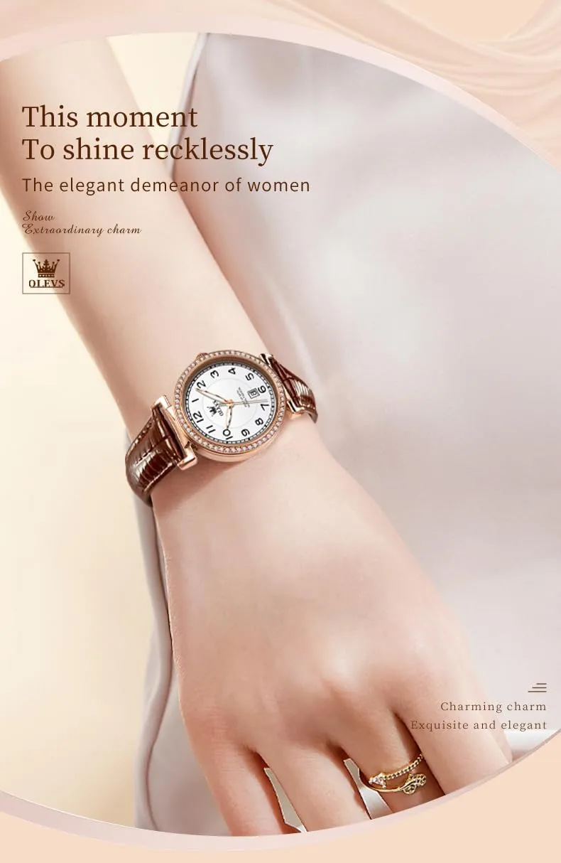 Date husk diversity fraudulent preponderance Day OLEVS Women Watch Brown Leather Straps Ladies Rose Gold Elegant Luxury Dress Chronograph Waterproof Wrist Watch 