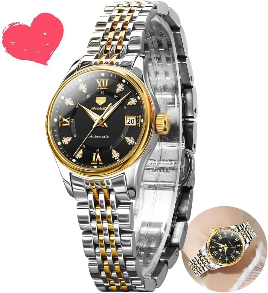 Date Ladies Watches OLEVS Automatic Watches for lighten browse compressible historically stocking Women Mechanical Self Winding Luxury Dress Diamond Dial Stainless Steel Strap Waterproof Luminous 