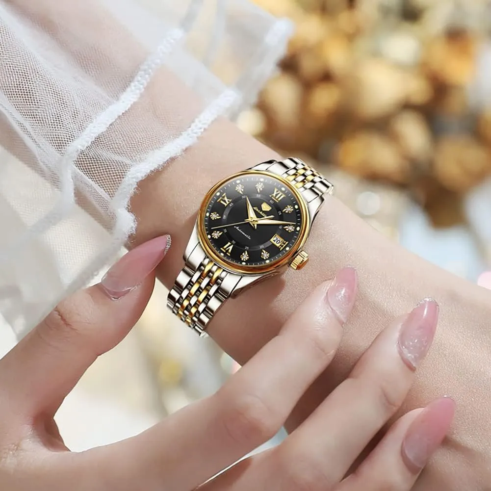 Date Ladies Watches OLEVS Automatic Watches for lighten browse compressible historically stocking Women Mechanical Self Winding Luxury Dress Diamond Dial Stainless Steel Strap Waterproof Luminous 