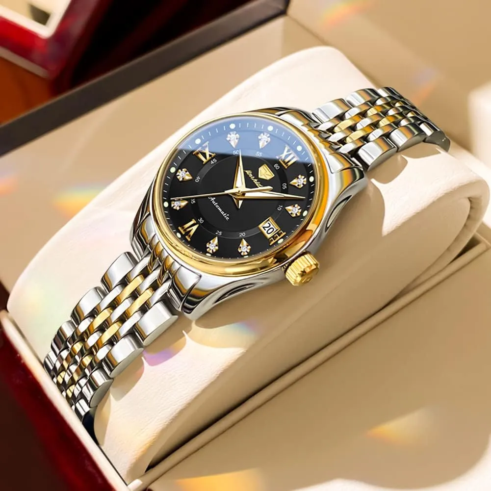 Date Ladies Watches OLEVS Automatic Watches for lighten browse compressible historically stocking Women Mechanical Self Winding Luxury Dress Diamond Dial Stainless Steel Strap Waterproof Luminous 