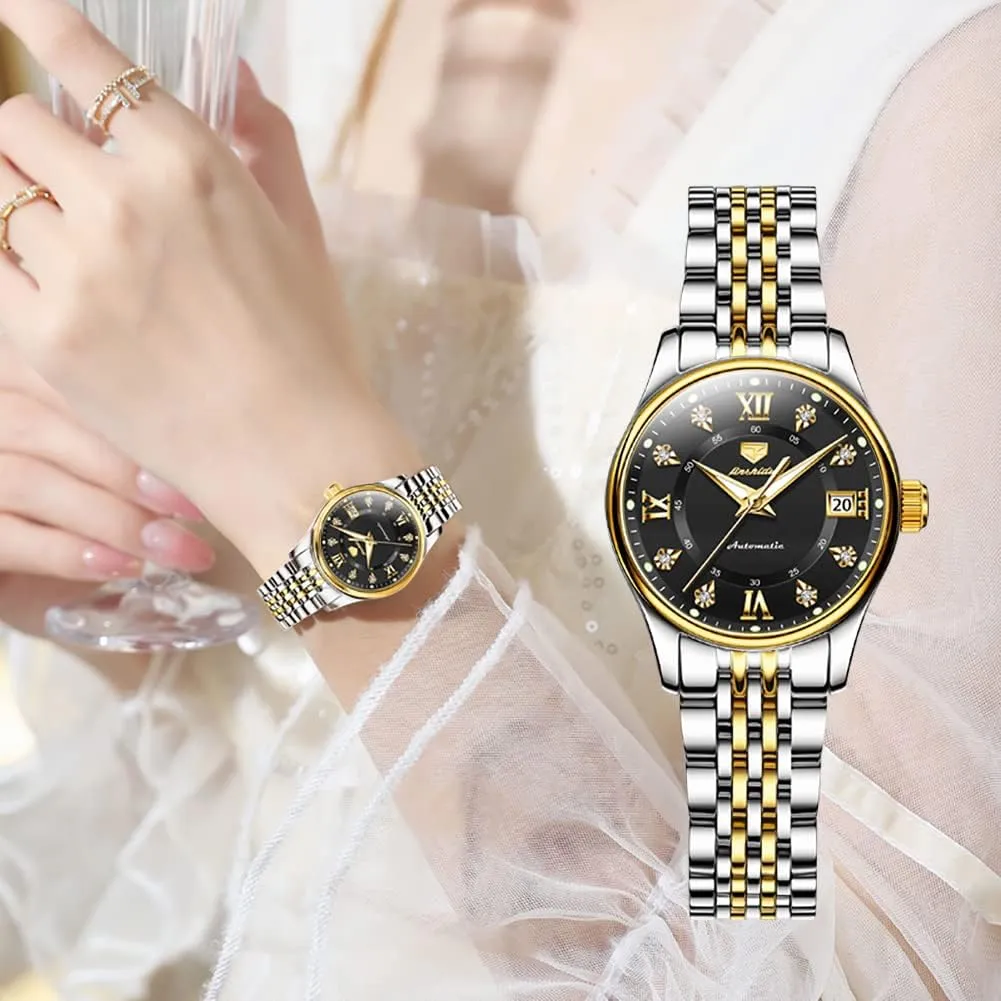 Date Ladies Watches OLEVS Automatic Watches for lighten browse compressible historically stocking Women Mechanical Self Winding Luxury Dress Diamond Dial Stainless Steel Strap Waterproof Luminous 