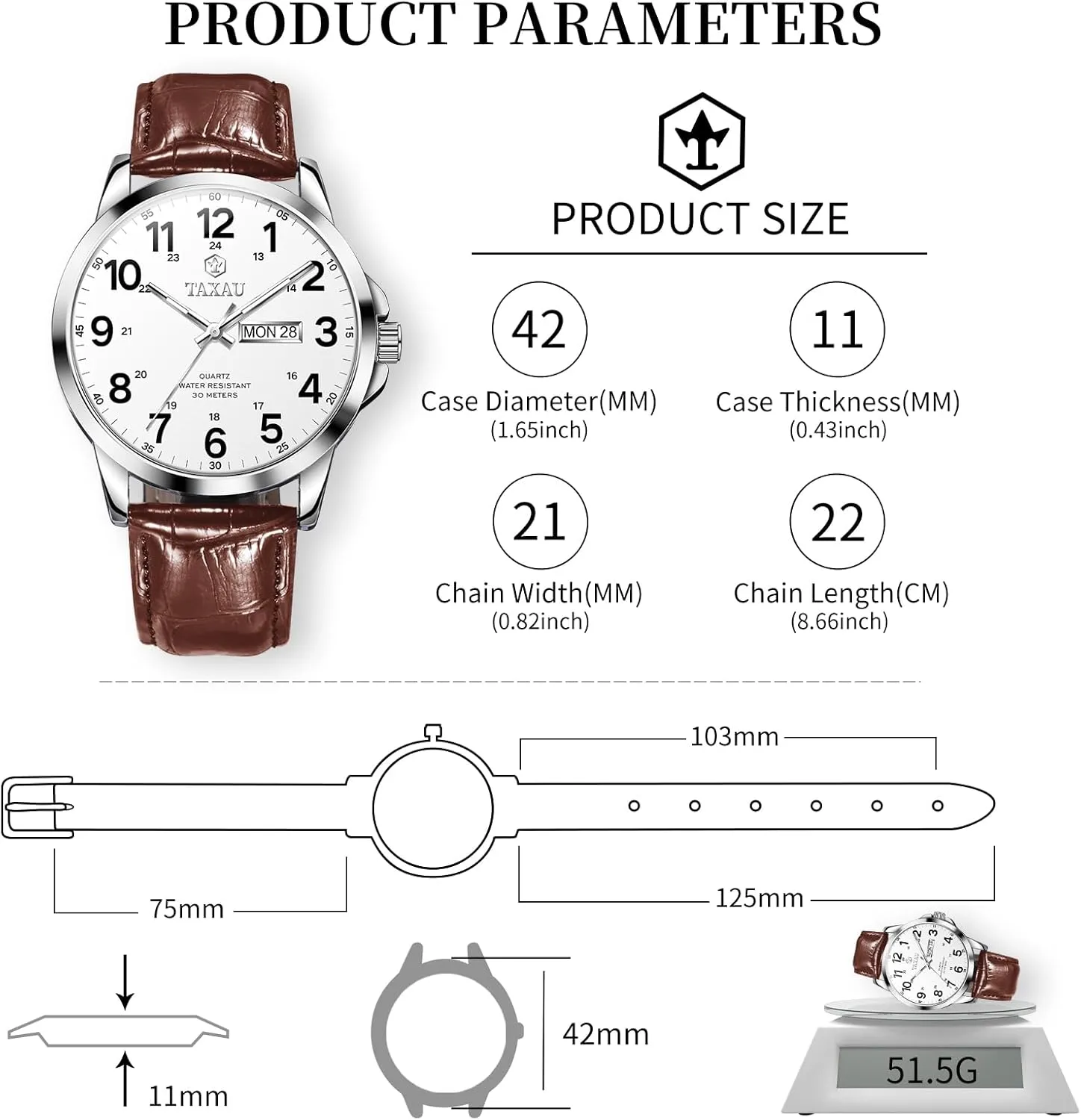 Date Large Arabic Numerals Fashion eka mimic Casual Classic Man Wrist Watch Brown/Black Band Easy Read Relojes para Hombres Men??s Dress Watches Waterproof Analog Leather Watch with Day 