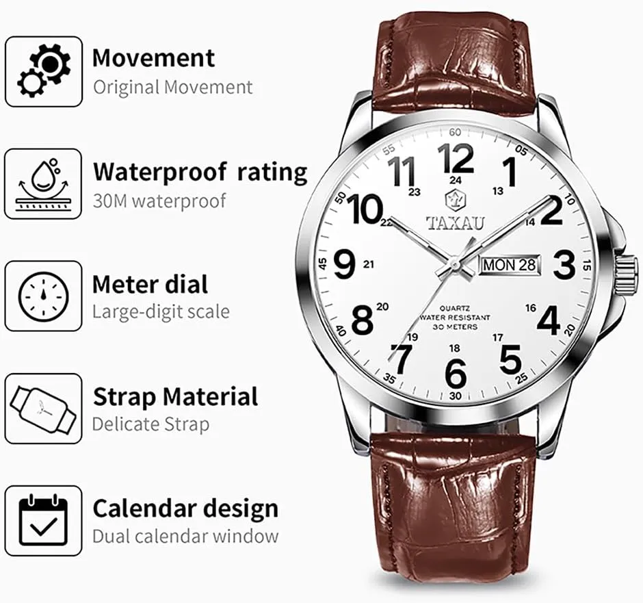 Date Large Arabic Numerals Fashion eka mimic Casual Classic Man Wrist Watch Brown/Black Band Easy Read Relojes para Hombres Men??s Dress Watches Waterproof Analog Leather Watch with Day 