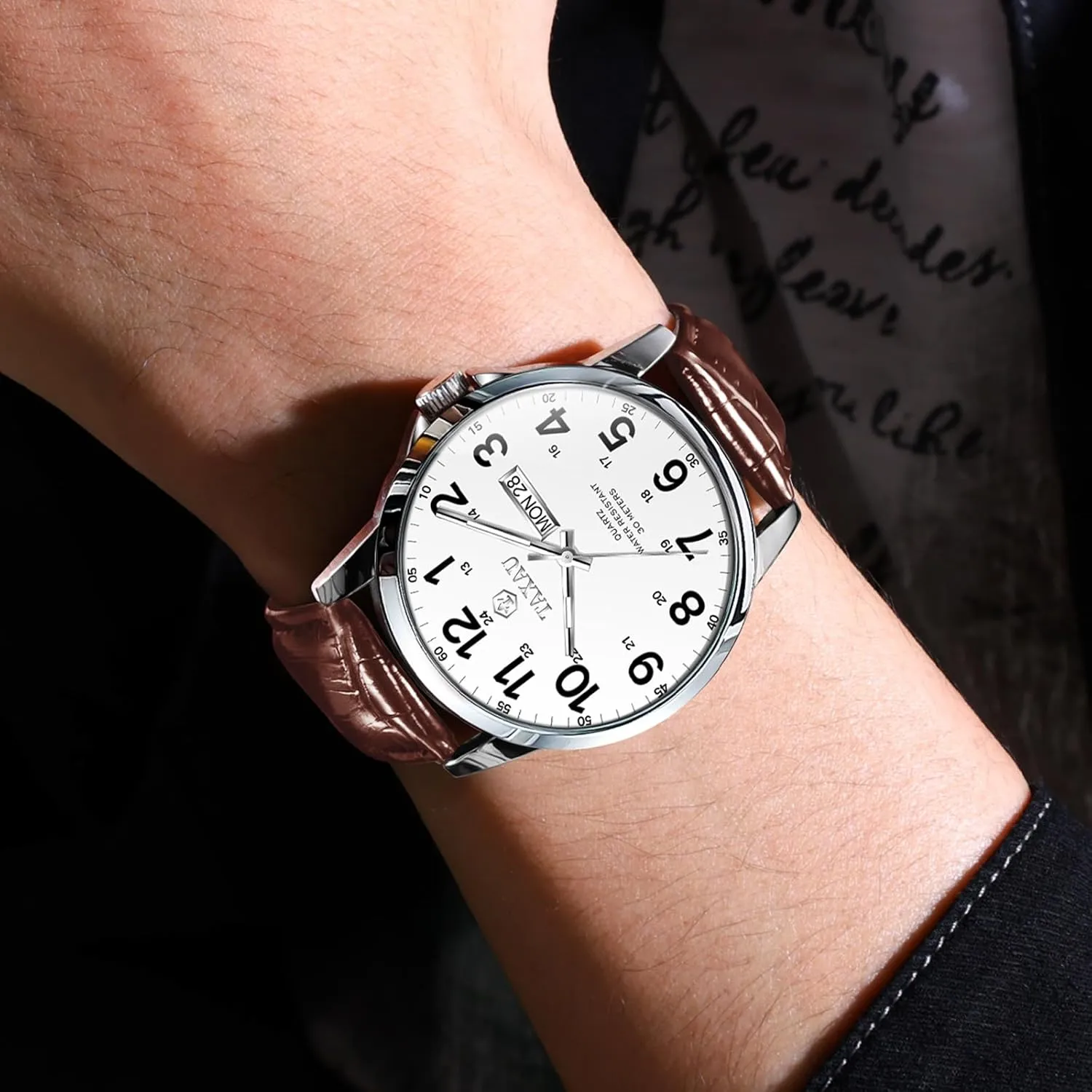 Date Large Arabic Numerals Fashion eka mimic Casual Classic Man Wrist Watch Brown/Black Band Easy Read Relojes para Hombres Men??s Dress Watches Waterproof Analog Leather Watch with Day 