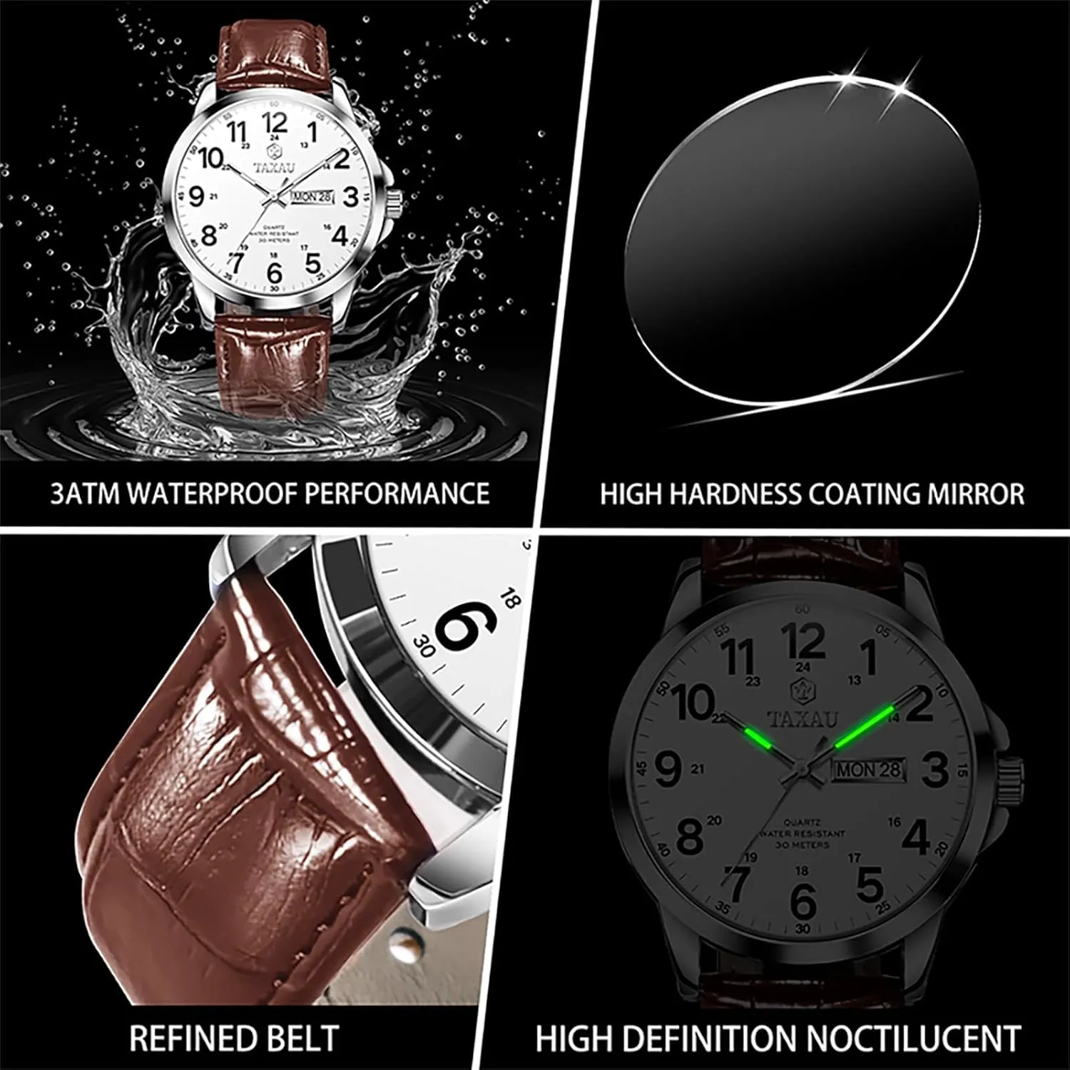 Date Large Arabic Numerals Fashion eka mimic Casual Classic Man Wrist Watch Brown/Black Band Easy Read Relojes para Hombres Men??s Dress Watches Waterproof Analog Leather Watch with Day 
