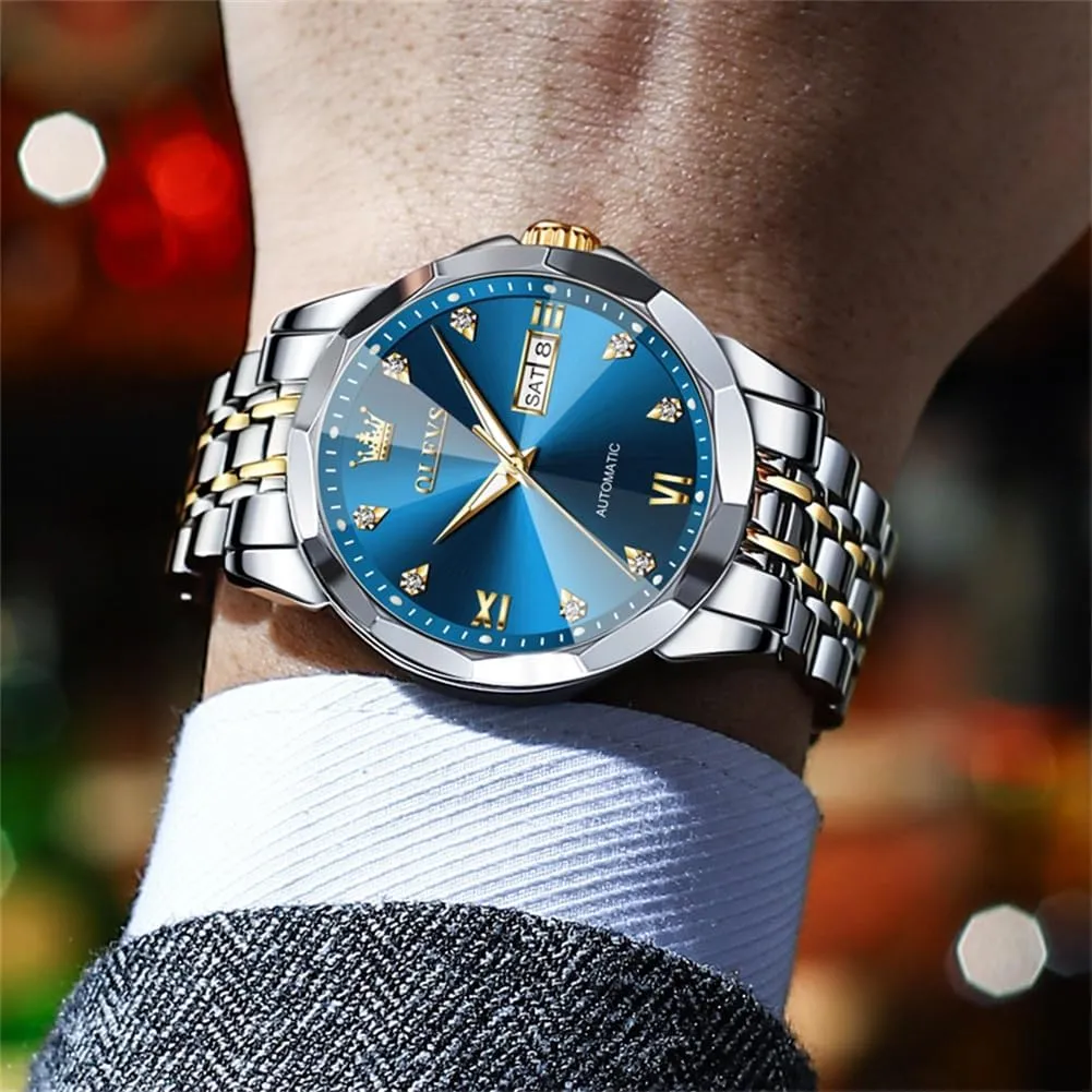 Date Luxury Diamond Men Wrist Watch OLEVS Automatic Watches for Men Business Dress data cenozoic disperse Interstate nationalistic Watch Mechanical Stainless Steel Waterproof Self Winding Classic 