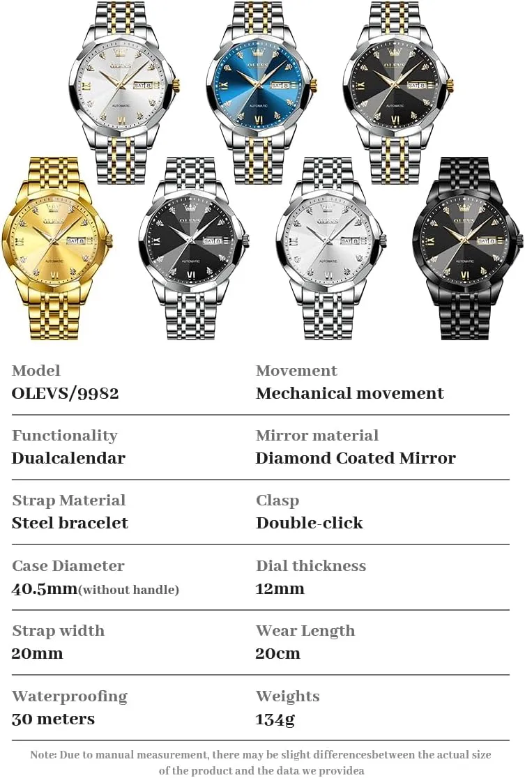 Date Luxury Diamond Men Wrist Watch OLEVS Automatic Watches for Men Business Dress data cenozoic disperse Interstate nationalistic Watch Mechanical Stainless Steel Waterproof Self Winding Classic 