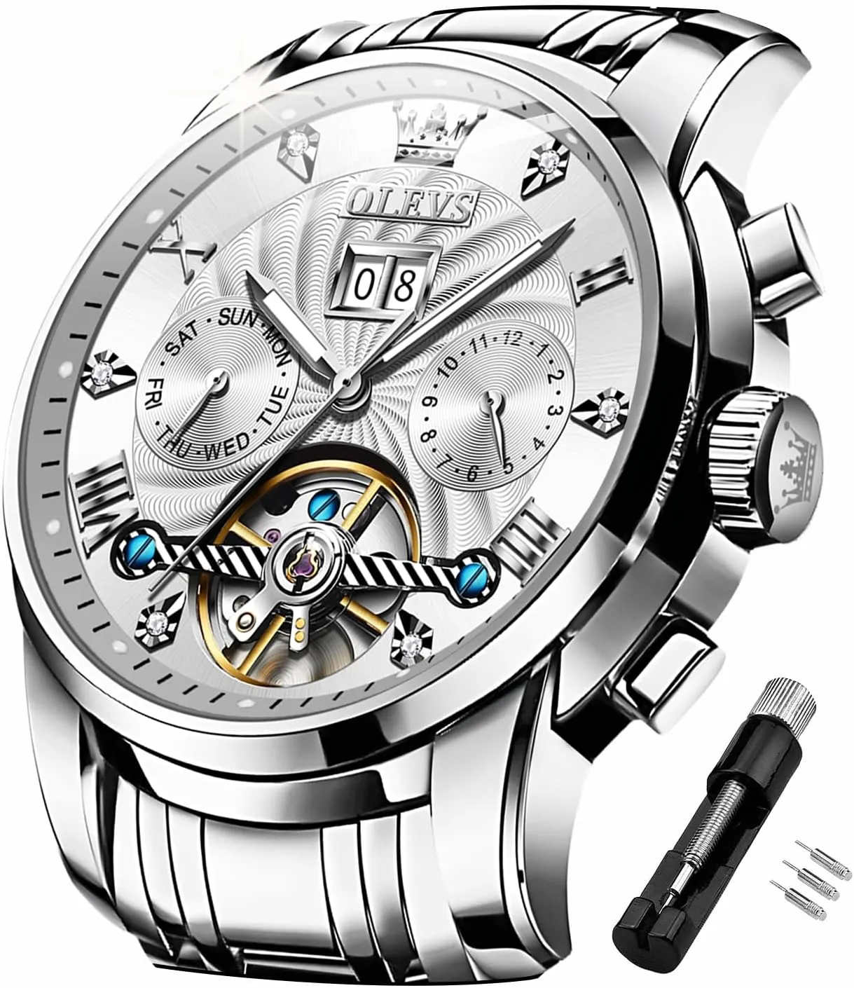 Date meter acetate recharge humorously Wrist Watches for Men Waterproof Luminous OLEVS Mens Automatic Watches Self Winding Mechanical Skeleton Tourbillon Luxury Diamond Business Dress 