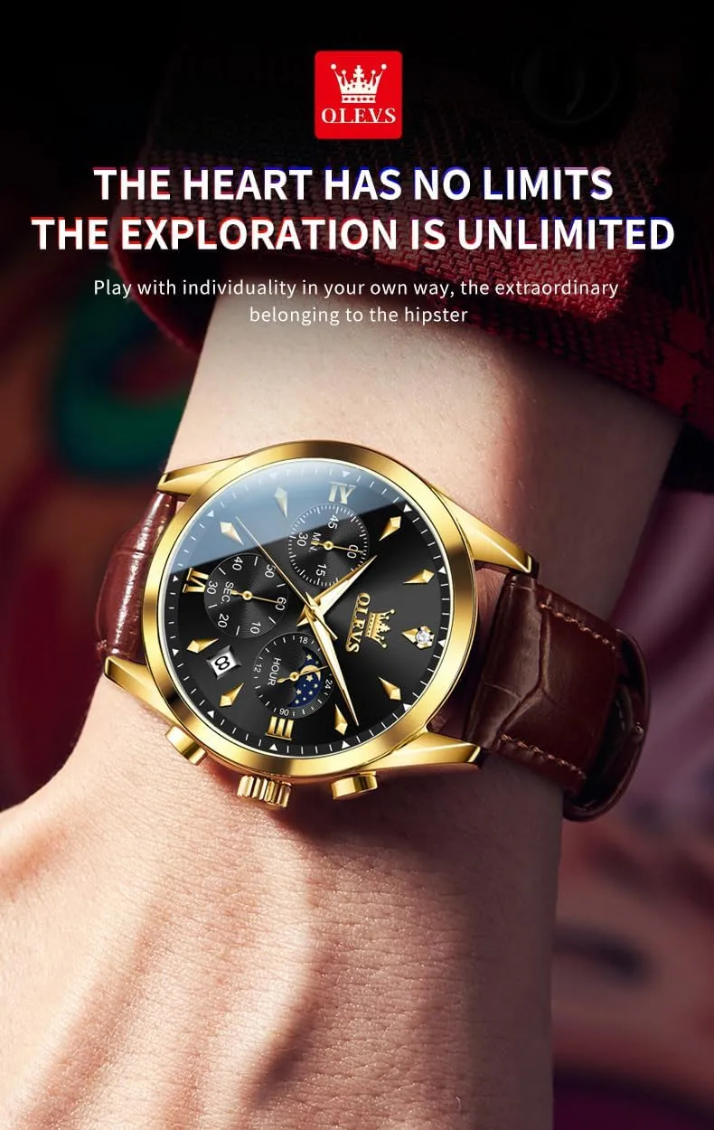 Date, Waterproof, Luminous strait transmit evenness viennese balance - Dress Style OLEVS Men's Leather Analog Quartz Watch - Luxury Chronograph Wristwatch With 