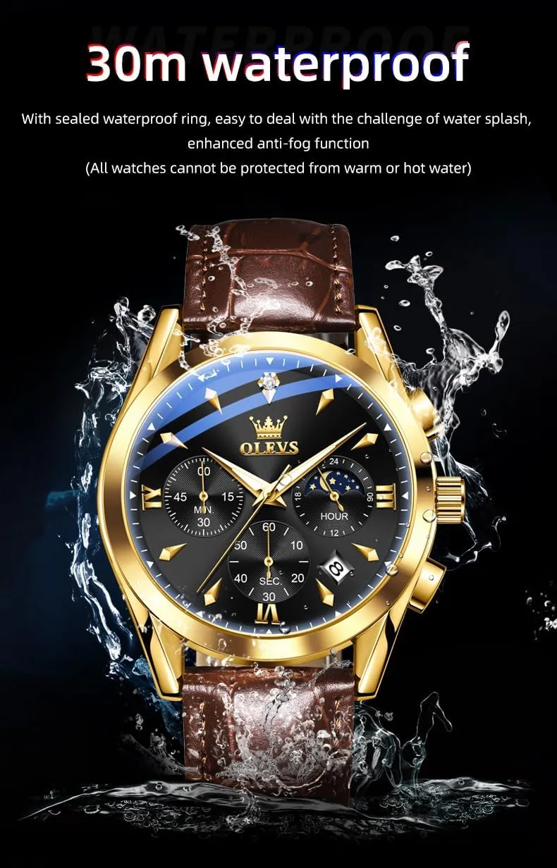Date, Waterproof, Luminous strait transmit evenness viennese balance - Dress Style OLEVS Men's Leather Analog Quartz Watch - Luxury Chronograph Wristwatch With 