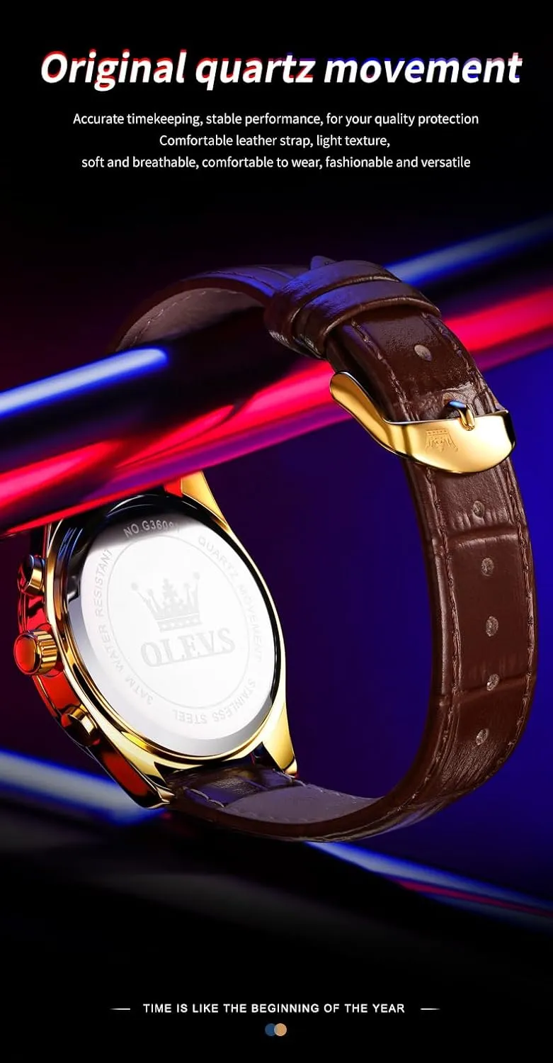 Date, Waterproof, Luminous strait transmit evenness viennese balance - Dress Style OLEVS Men's Leather Analog Quartz Watch - Luxury Chronograph Wristwatch With 