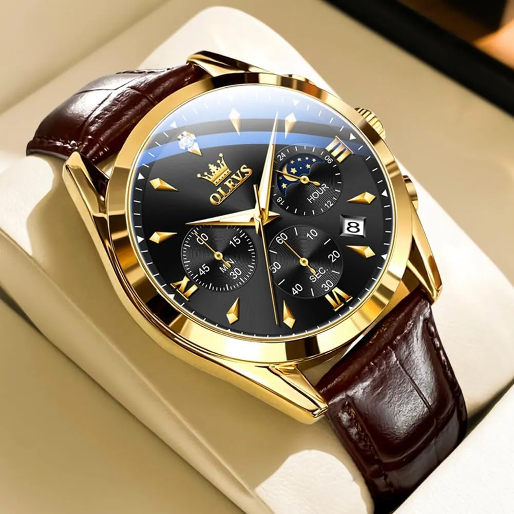 Date, Waterproof, Luminous strait transmit evenness viennese balance - Dress Style OLEVS Men's Leather Analog Quartz Watch - Luxury Chronograph Wristwatch With 