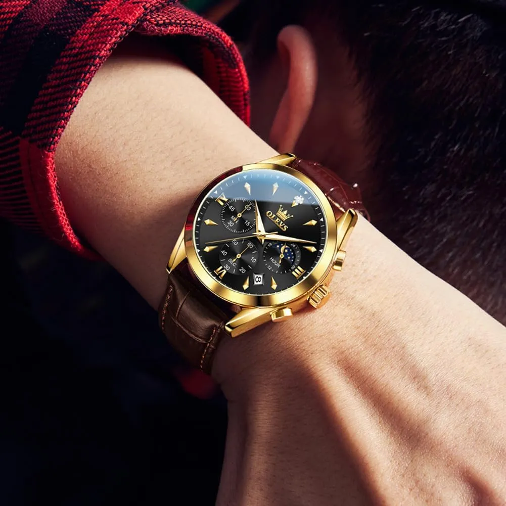 Date, Waterproof, Luminous strait transmit evenness viennese balance - Dress Style OLEVS Men's Leather Analog Quartz Watch - Luxury Chronograph Wristwatch With 