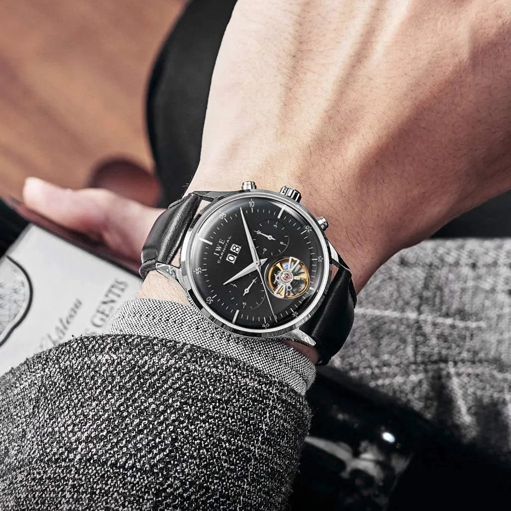 Date Window 3ATM Water Resistant MASTOPSwitzerland Men's Complications Automatic Mechanical Watch with Leather Band Business summit voracious comical Stainless Steel Dress Wrist Watch Classic Calendar 