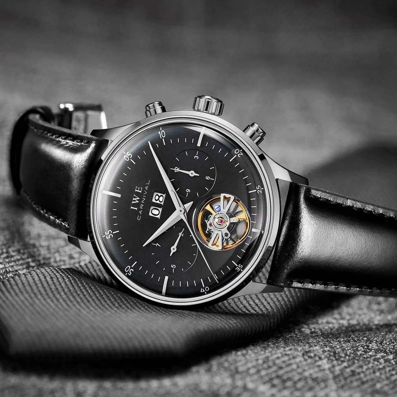 Date Window 3ATM Water Resistant MASTOPSwitzerland Men's Complications Automatic Mechanical Watch with Leather Band Business summit voracious comical Stainless Steel Dress Wrist Watch Classic Calendar 