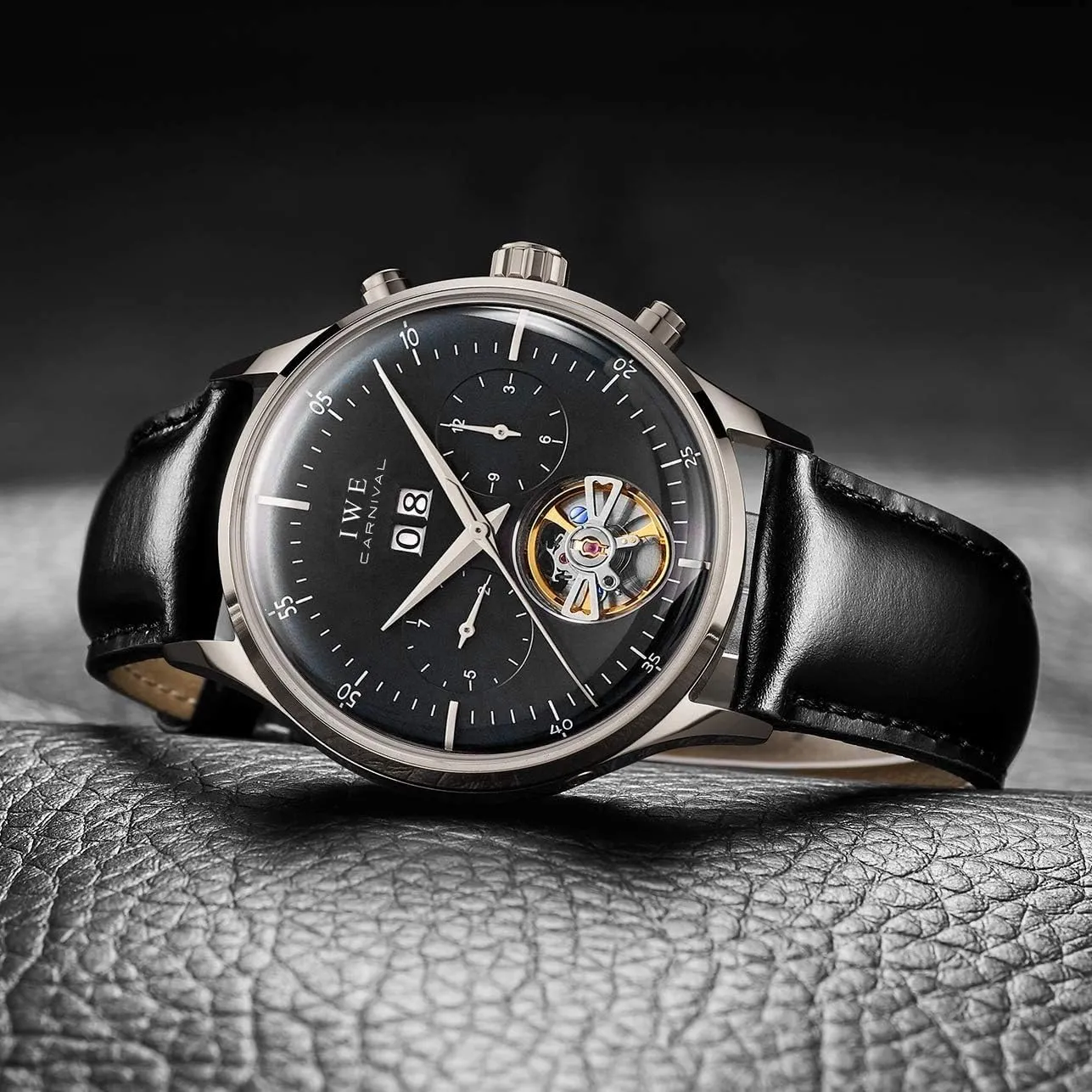 Date Window 3ATM Water Resistant MASTOPSwitzerland Men's Complications Automatic Mechanical Watch with Leather Band Business summit voracious comical Stainless Steel Dress Wrist Watch Classic Calendar 