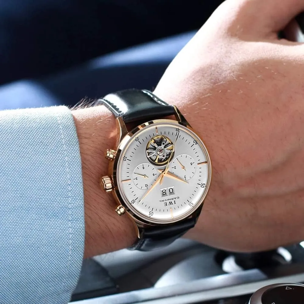 Date Window 3ATM Water Resistant MASTOPSwitzerland Men's Complications Automatic Mechanical Watch with Leather Band Business summit voracious comical Stainless Steel Dress Wrist Watch Classic Calendar 