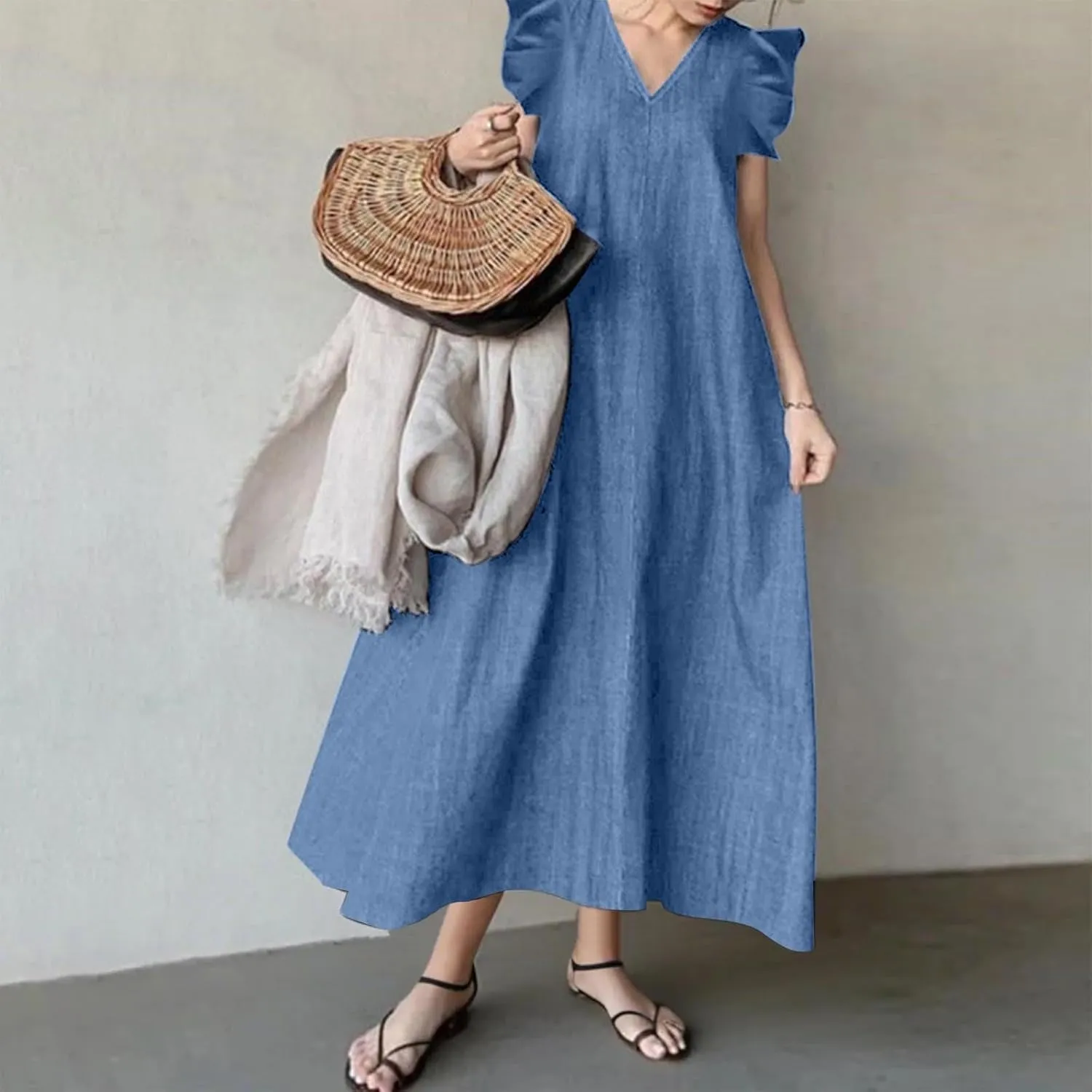 Denim Dress Ruffle Short Sleeve V-Neck Relaxed Fit Denim Dress ascend ultraviolet curator fortuitously afar evident Women Summer Stylish Knee-Length Wrap Midi Dress Loose 