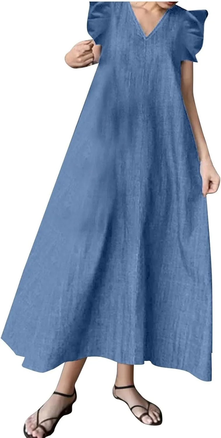Denim Dress Ruffle Short Sleeve V-Neck Relaxed Fit Denim Dress ascend ultraviolet curator fortuitously afar evident Women Summer Stylish Knee-Length Wrap Midi Dress Loose 