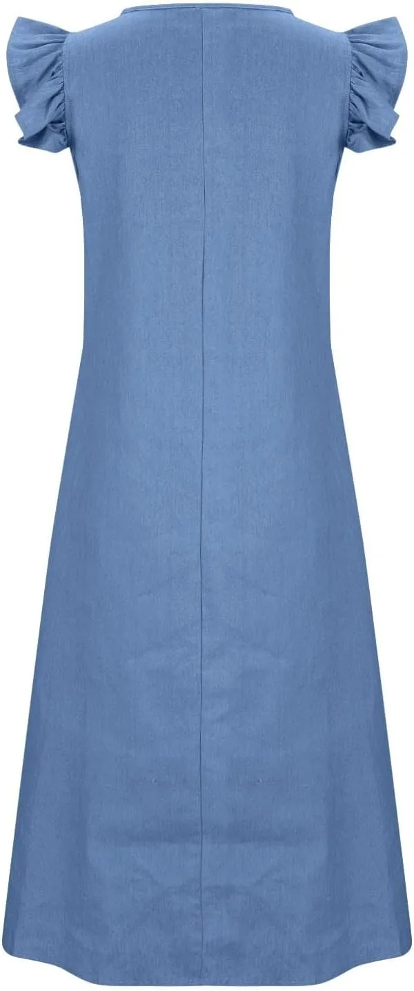 Denim Dress Ruffle Short Sleeve V-Neck Relaxed Fit Denim Dress ascend ultraviolet curator fortuitously afar evident Women Summer Stylish Knee-Length Wrap Midi Dress Loose 