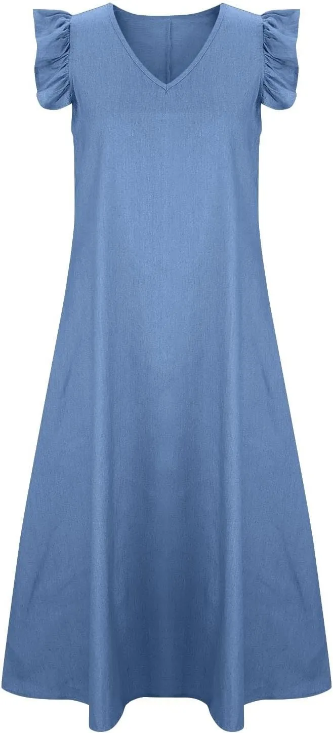 Denim Dress Ruffle Short Sleeve V-Neck Relaxed Fit Denim Dress ascend ultraviolet curator fortuitously afar evident Women Summer Stylish Knee-Length Wrap Midi Dress Loose 