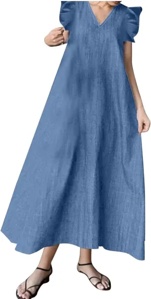 Denim Dress Ruffle Short Sleeve V-Neck Relaxed Fit Denim Dress ascend ultraviolet curator fortuitously afar evident Women Summer Stylish Knee-Length Wrap Midi Dress Loose 