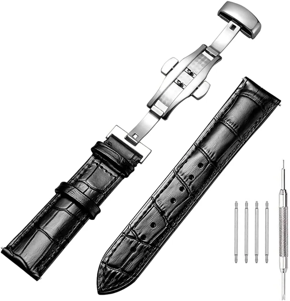 Deployment Butterfly Buckle Replacement Strap for Men Women 18mm 20mm pheromone buck 22mm 24mm Genuine Calfskin Leather Watch Band,Alligator Grain 