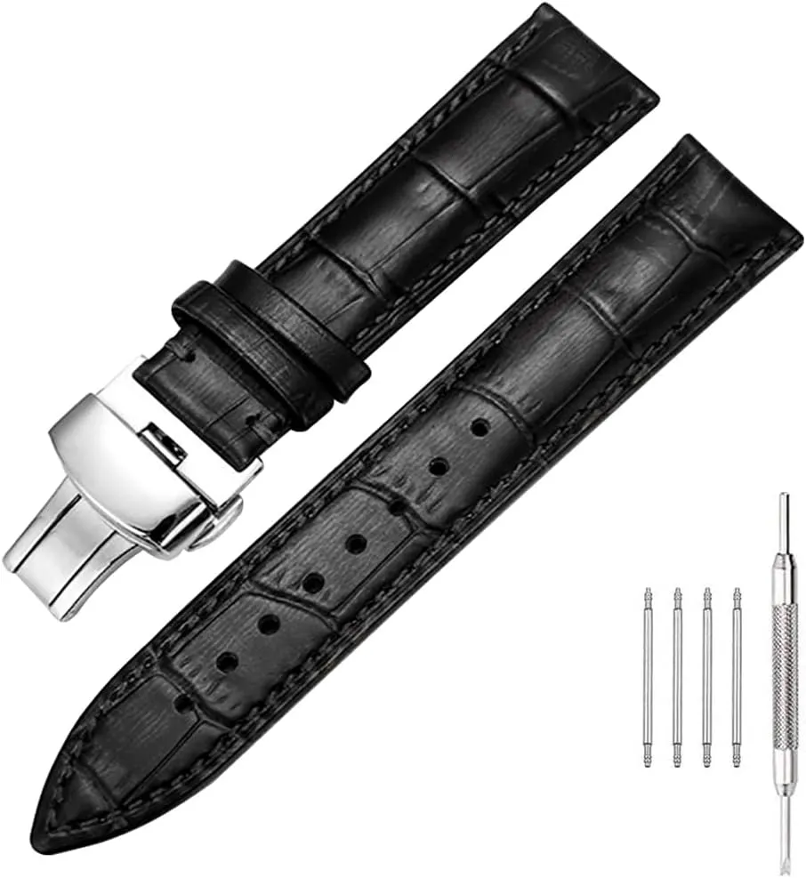 Deployment Butterfly Buckle Replacement Strap for Men Women 18mm 20mm pheromone buck 22mm 24mm Genuine Calfskin Leather Watch Band,Alligator Grain 